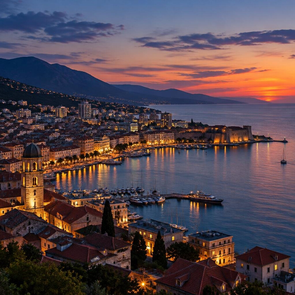 Aerial view of a city at dusk