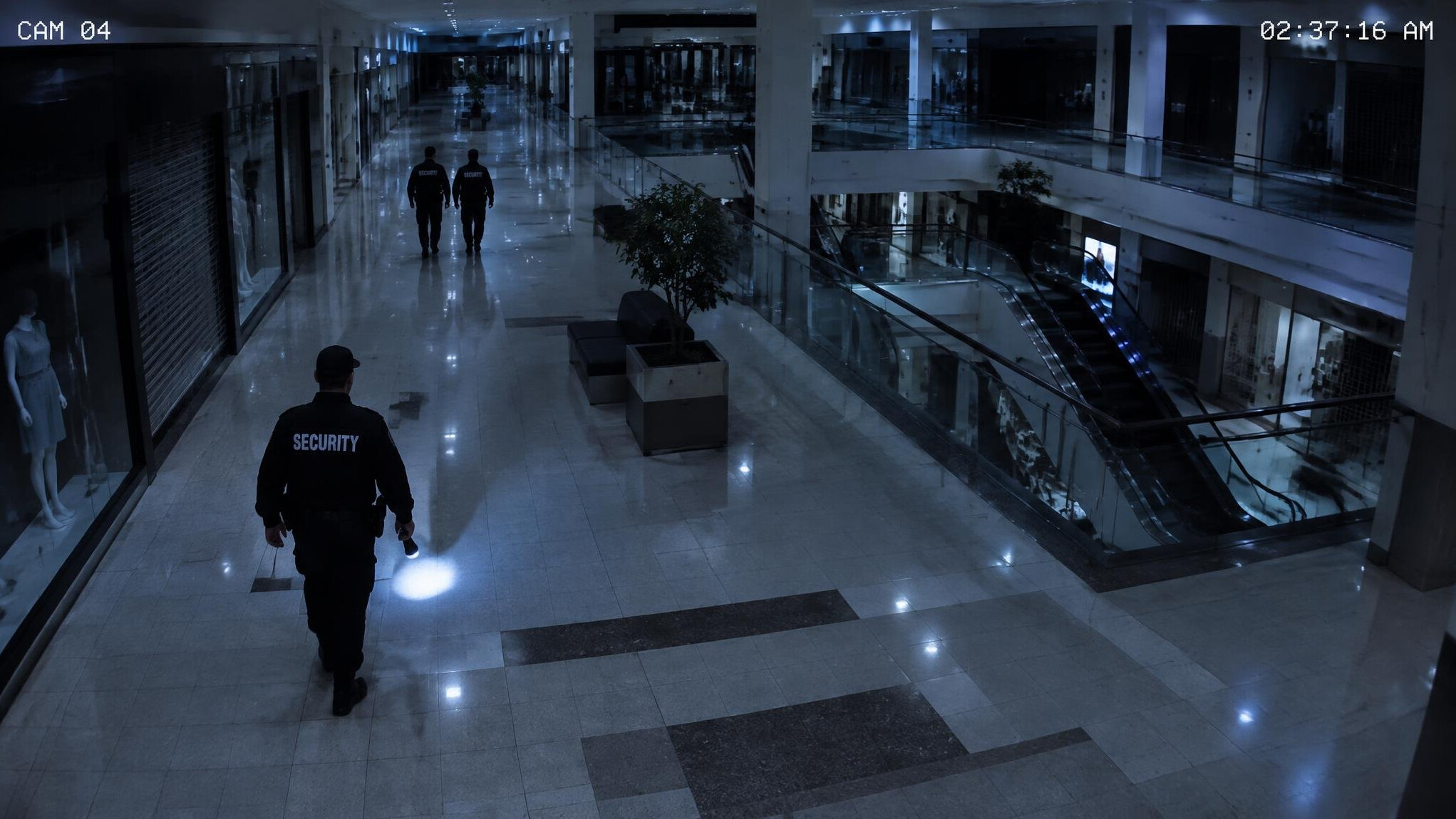 security guard patrolling mall at night